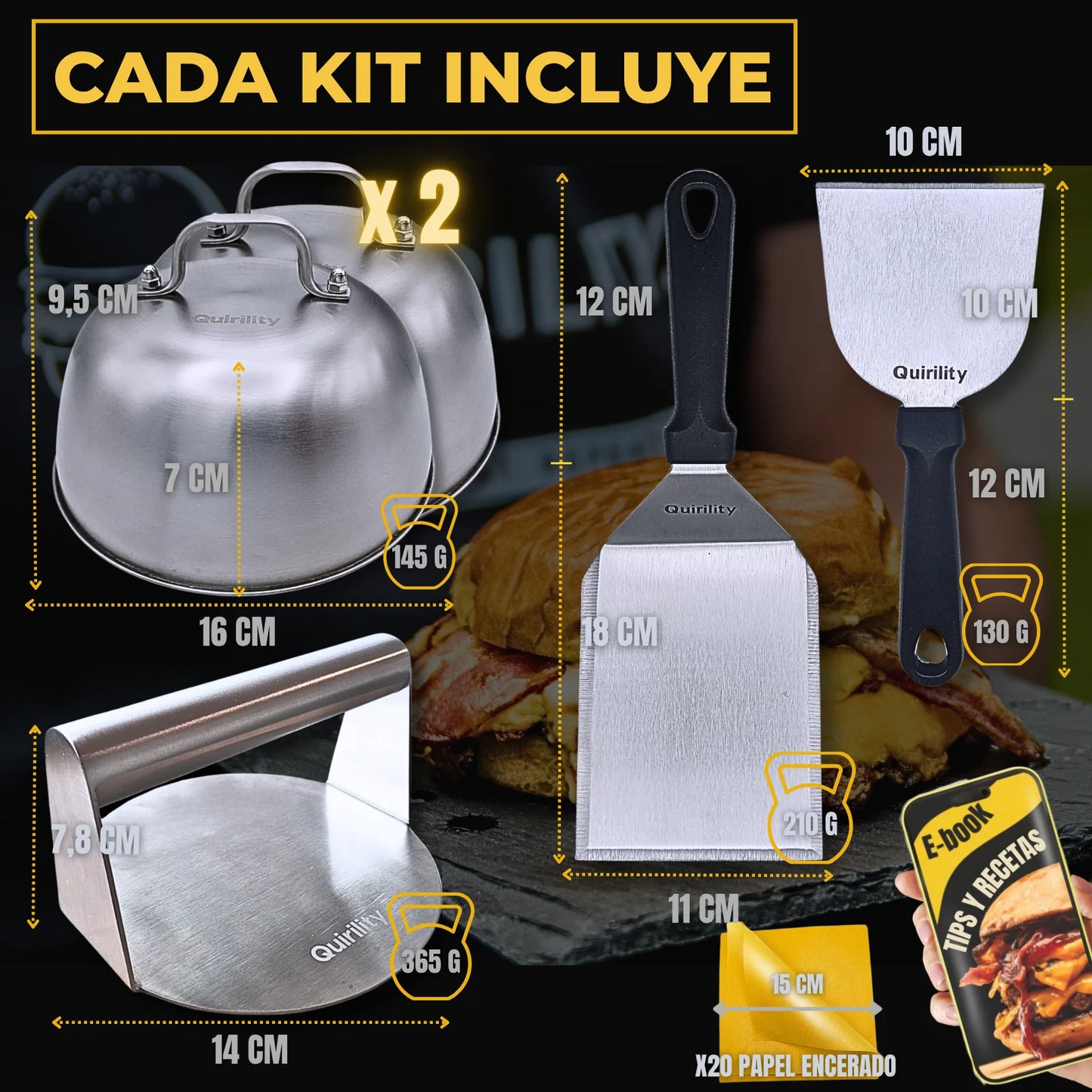 Quirility ® | Kit profesional premium de acero inoxidable para smash burger con certificado de contacto alimentario de la UE, aplastador de hamburguesas, triturador de hamburguesas, prensa para smash burger, aplastador de hamburguesas