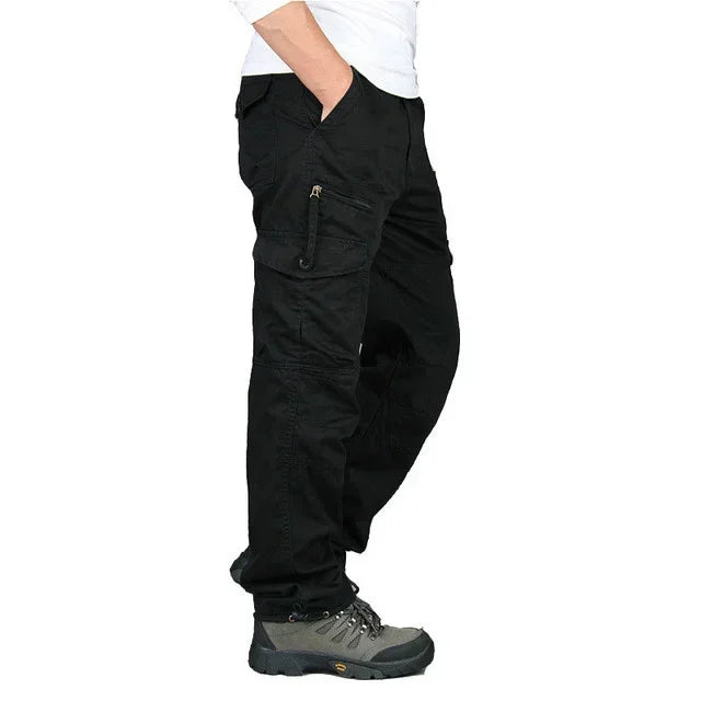 Men's Hiking and Camping Cargo Pants, Cotton, Loose Bib with Multiple Pockets, Straight Leg Pants, Casual Outdoor, Military Style