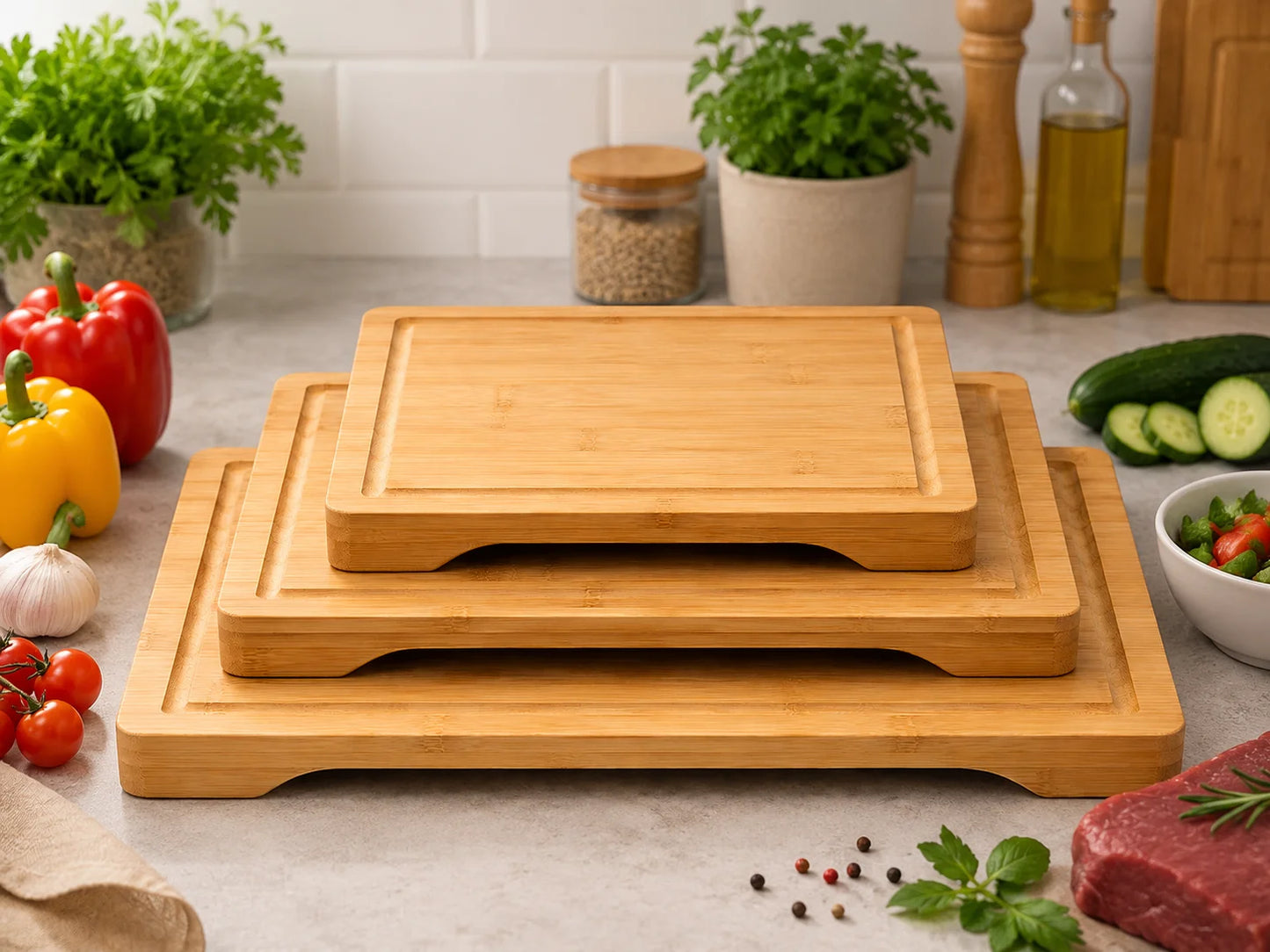 Cookly - Juego de 3 Tablas de Cortar de Bambú con Ranura para Recolectar Líquidos - Tablas de Cocina Resistentes para Carne, Verduras, Fruta y Pan - Incluye Tamaños 23X15X1.5 Cm, 30X20X1.5 cm y 38X25X1.5 cm