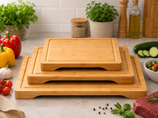 Cookly-Set of 3 Bamboo Cutting Boards with Liquid Collection Groove – Resistant Kitchen Boards for Meat, Vegetables, Fruit and Bread – Includes Sizes 23X15X1.5 Cm, 30X20X1.5 cm and 38X25X1.5 cm