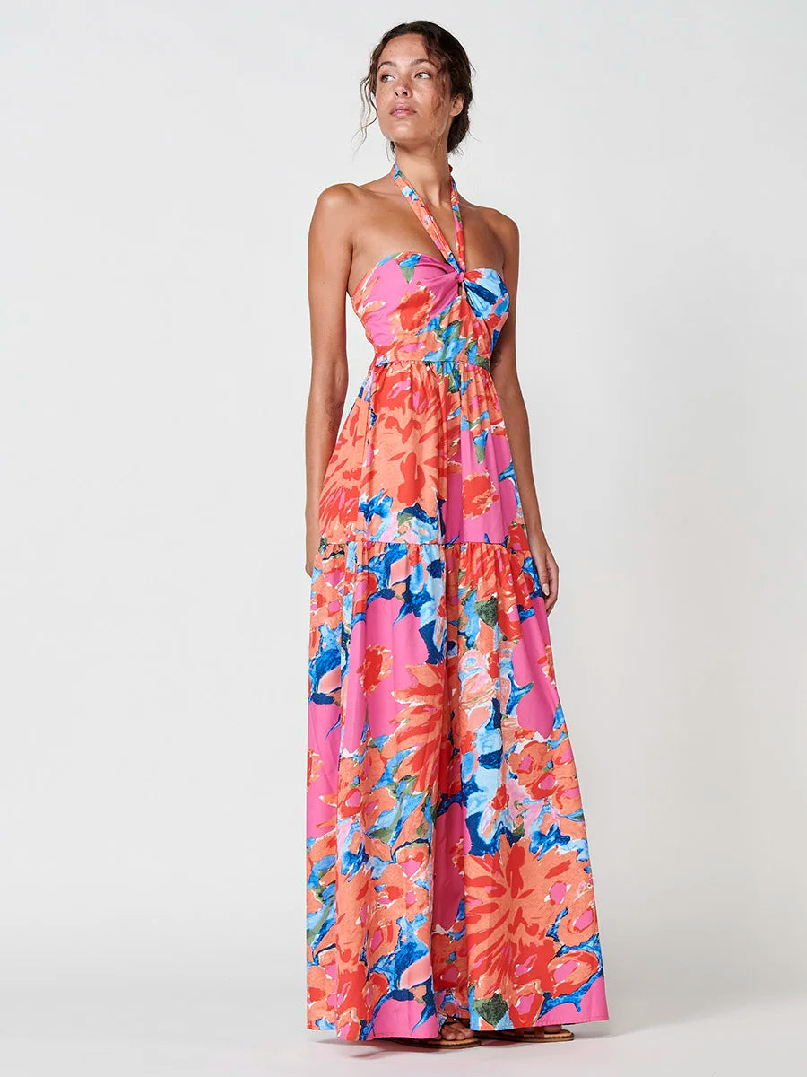 Vestido Largo con Estampado Floral y Cuello Halter de Koröshi para Mujer, con tejido ligero 100% poliéster, espalda abierta fruncida y elegante estilo bohemio, perfecto para eventos de verano y fiestas.