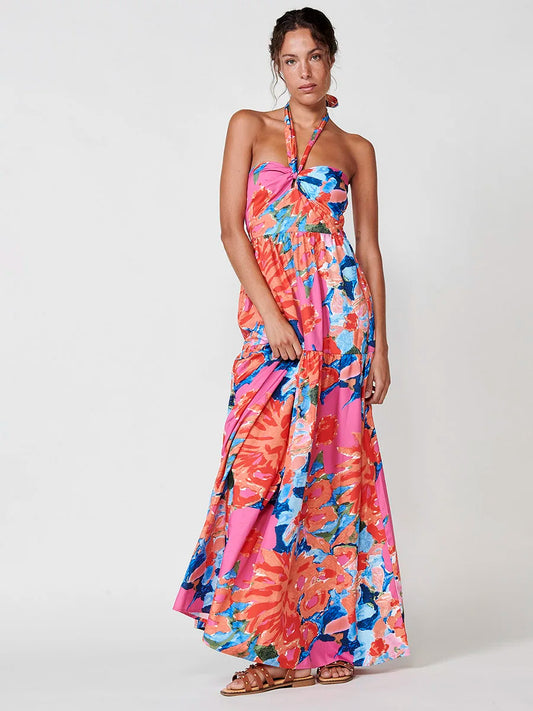 Vestido Largo con Estampado Floral y Cuello Halter de Koröshi para Mujer, con tejido ligero 100% poliéster, espalda abierta fruncida y elegante estilo bohemio, perfecto para eventos de verano y fiestas.