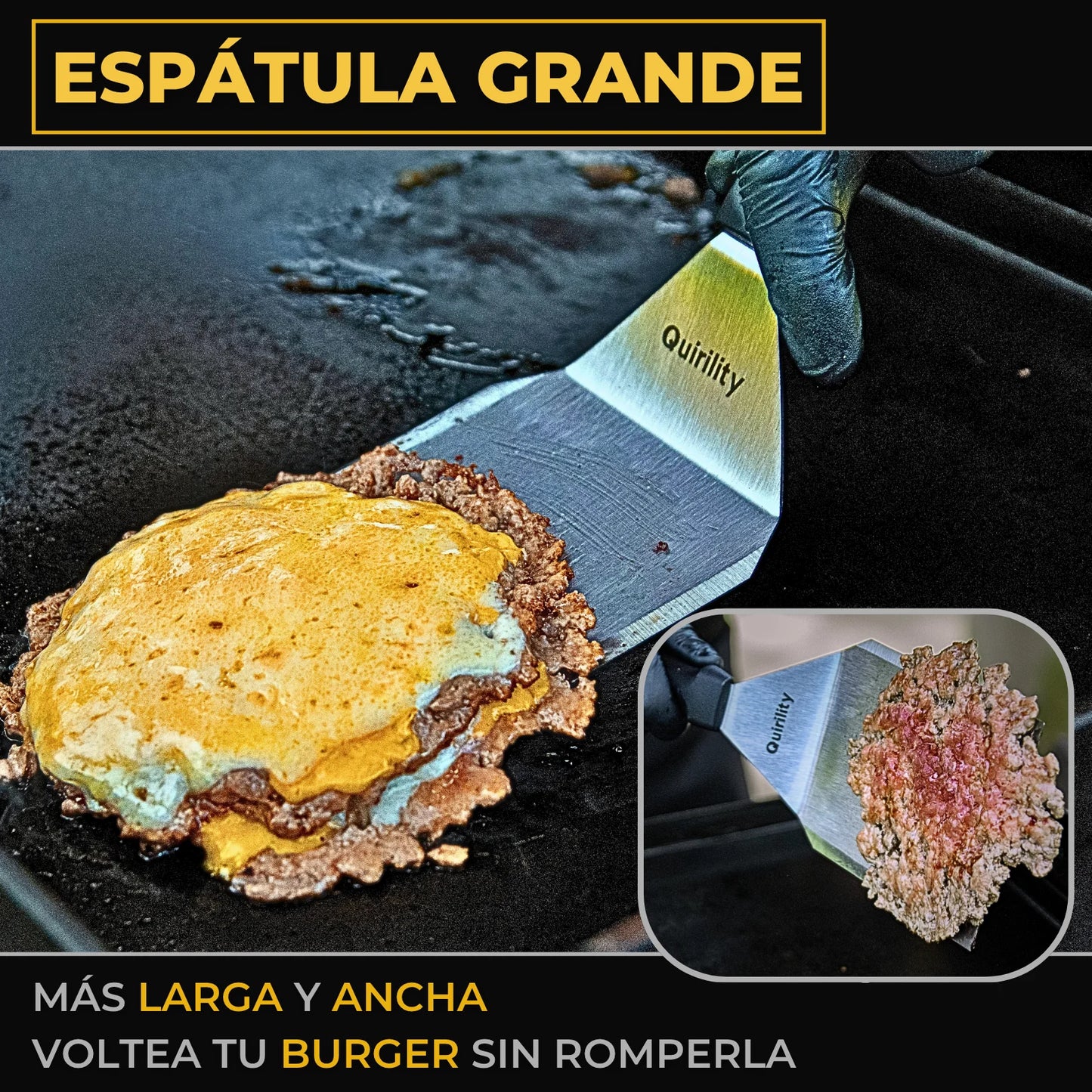 Quirility ® | Kit profesional premium de acero inoxidable para smash burger con certificado de contacto alimentario de la UE, aplastador de hamburguesas, triturador de hamburguesas, prensa para smash burger, aplastador de hamburguesas