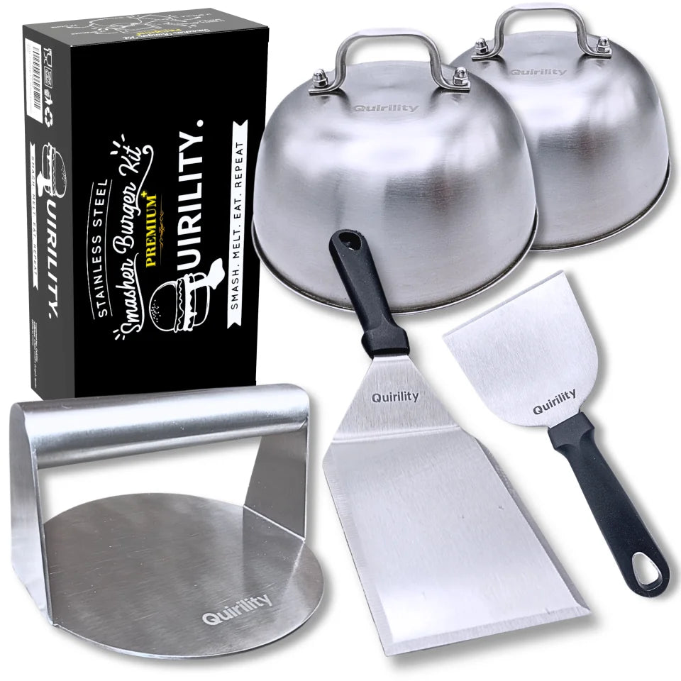 Quirility ® | Kit profesional premium de acero inoxidable para smash burger con certificado de contacto alimentario de la UE, aplastador de hamburguesas, triturador de hamburguesas, prensa para smash burger, aplastador de hamburguesas