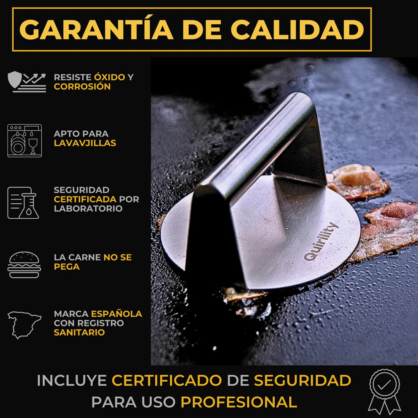 Quirility ® | Kit profesional premium de acero inoxidable para smash burger con certificado de contacto alimentario de la UE, aplastador de hamburguesas, triturador de hamburguesas, prensa para smash burger, aplastador de hamburguesas