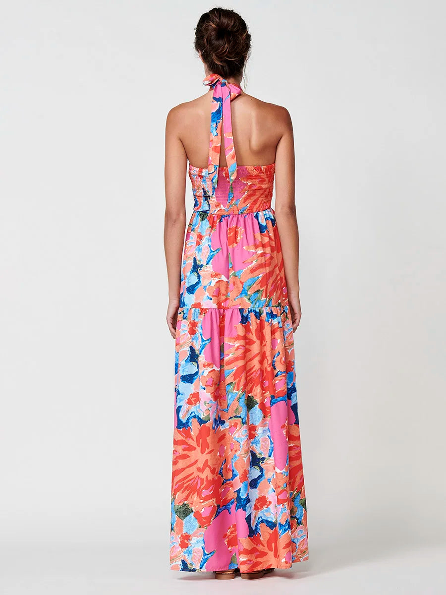 Vestido Largo con Estampado Floral y Cuello Halter de Koröshi para Mujer, con tejido ligero 100% poliéster, espalda abierta fruncida y elegante estilo bohemio, perfecto para eventos de verano y fiestas.