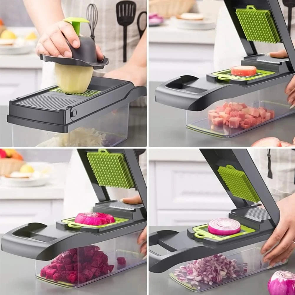 Cortador de verduras profesional, mandolina de cocina multifunción 12 en 1, 7 cuchillas de acero inoxidable reemplazables, para cortar alimentos, frutas, verduras, patatas, cebollas, ✅ Envíos a España en 48/72 horas