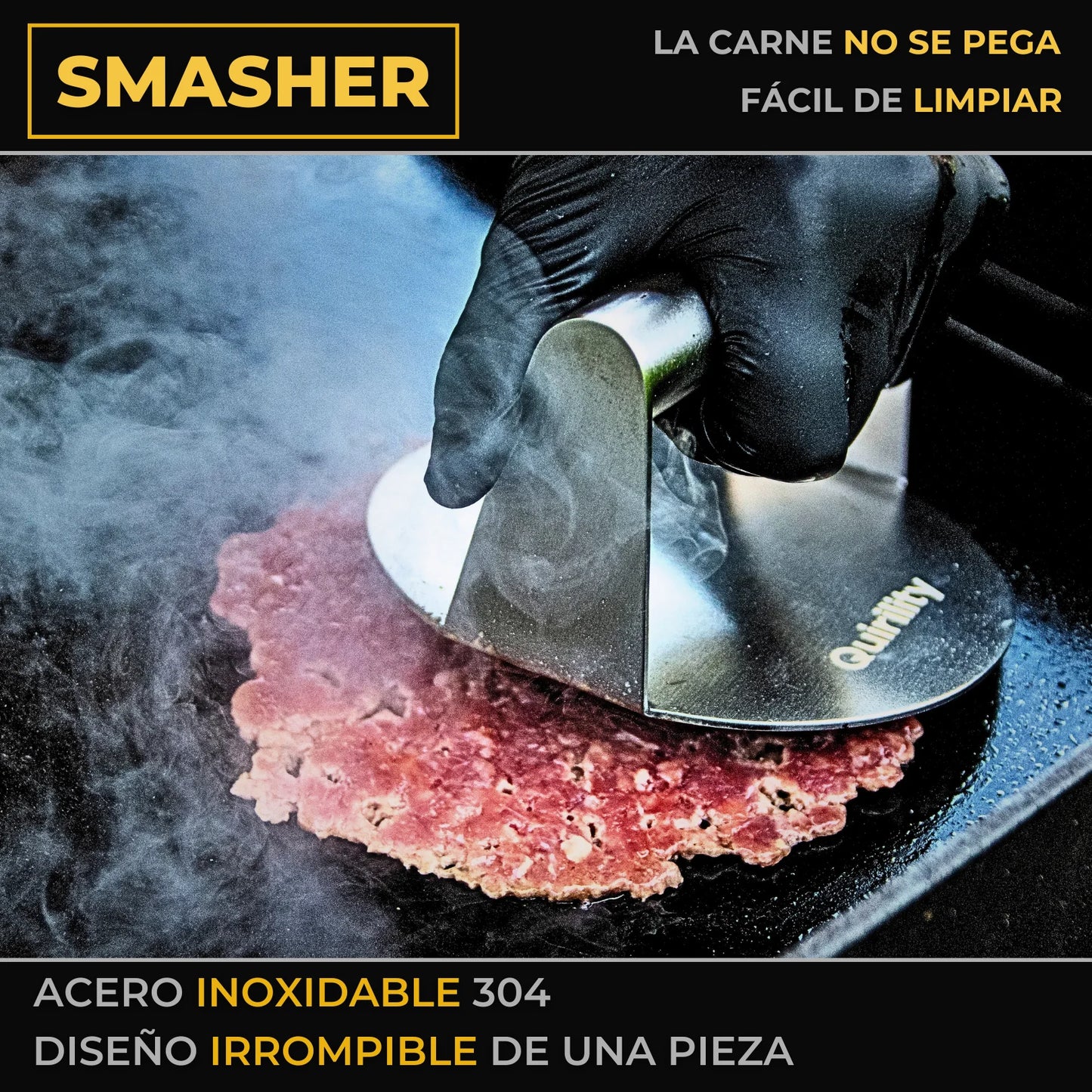 Quirility ® | Kit profesional premium de acero inoxidable para smash burger con certificado de contacto alimentario de la UE, aplastador de hamburguesas, triturador de hamburguesas, prensa para smash burger, aplastador de hamburguesas