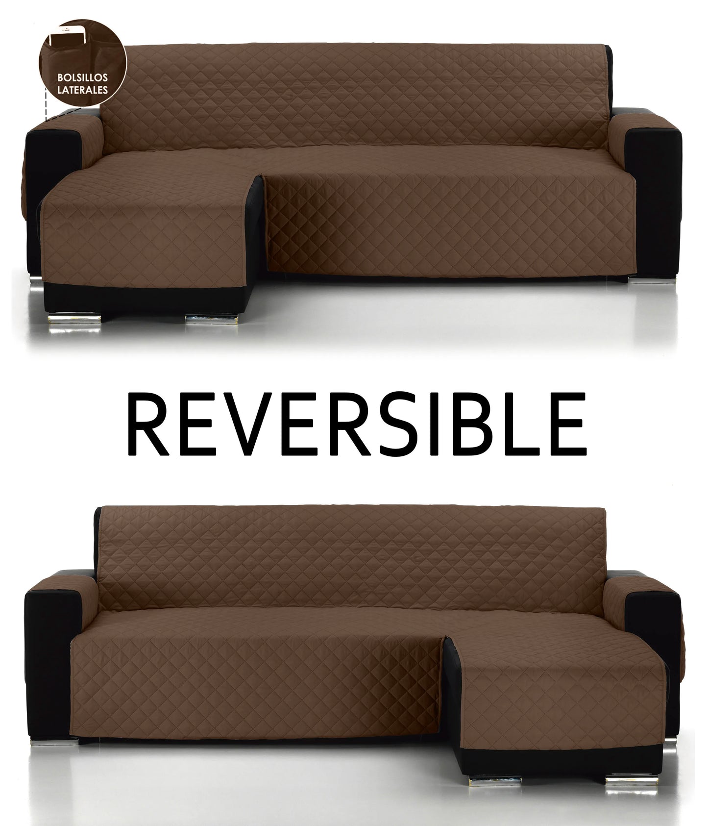 Nueva Funda de Sofá Chaise Longue ALMERITEX 2000 — Protector Reversible Acolchado 100% Poliéster, Fácil de Limpiar, Apta para Sofás de hasta 300 cm de Ancho, Perfecta para Protección de Mascotas y Decoración con Diseño Moderno.