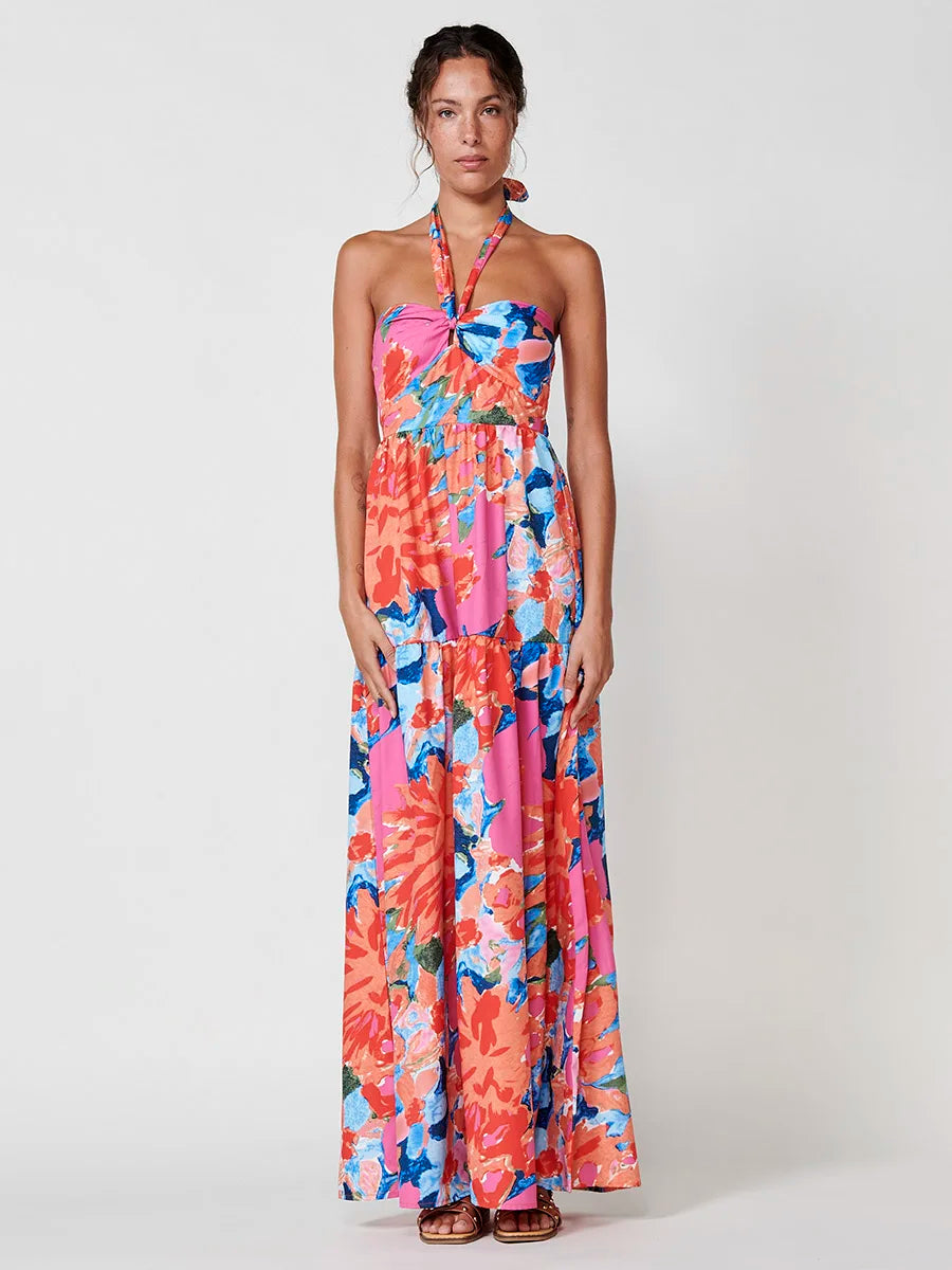 Vestido Largo con Estampado Floral y Cuello Halter de Koröshi para Mujer, con tejido ligero 100% poliéster, espalda abierta fruncida y elegante estilo bohemio, perfecto para eventos de verano y fiestas.