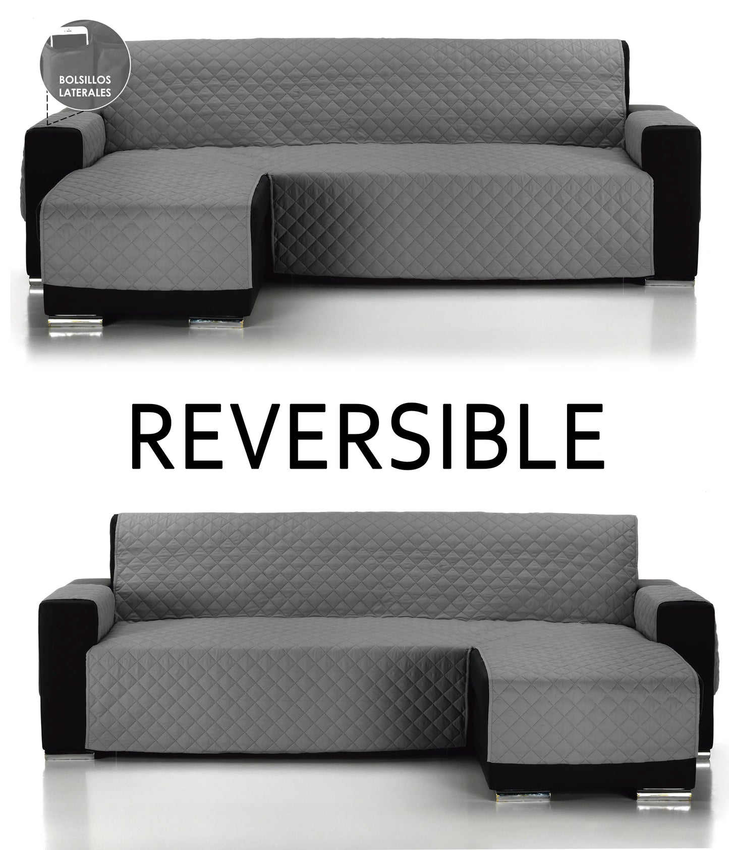 Nueva Funda de Sofá Chaise Longue ALMERITEX 2000 — Protector Reversible Acolchado 100% Poliéster, Fácil de Limpiar, Apta para Sofás de hasta 300 cm de Ancho, Perfecta para Protección de Mascotas y Decoración con Diseño Moderno.