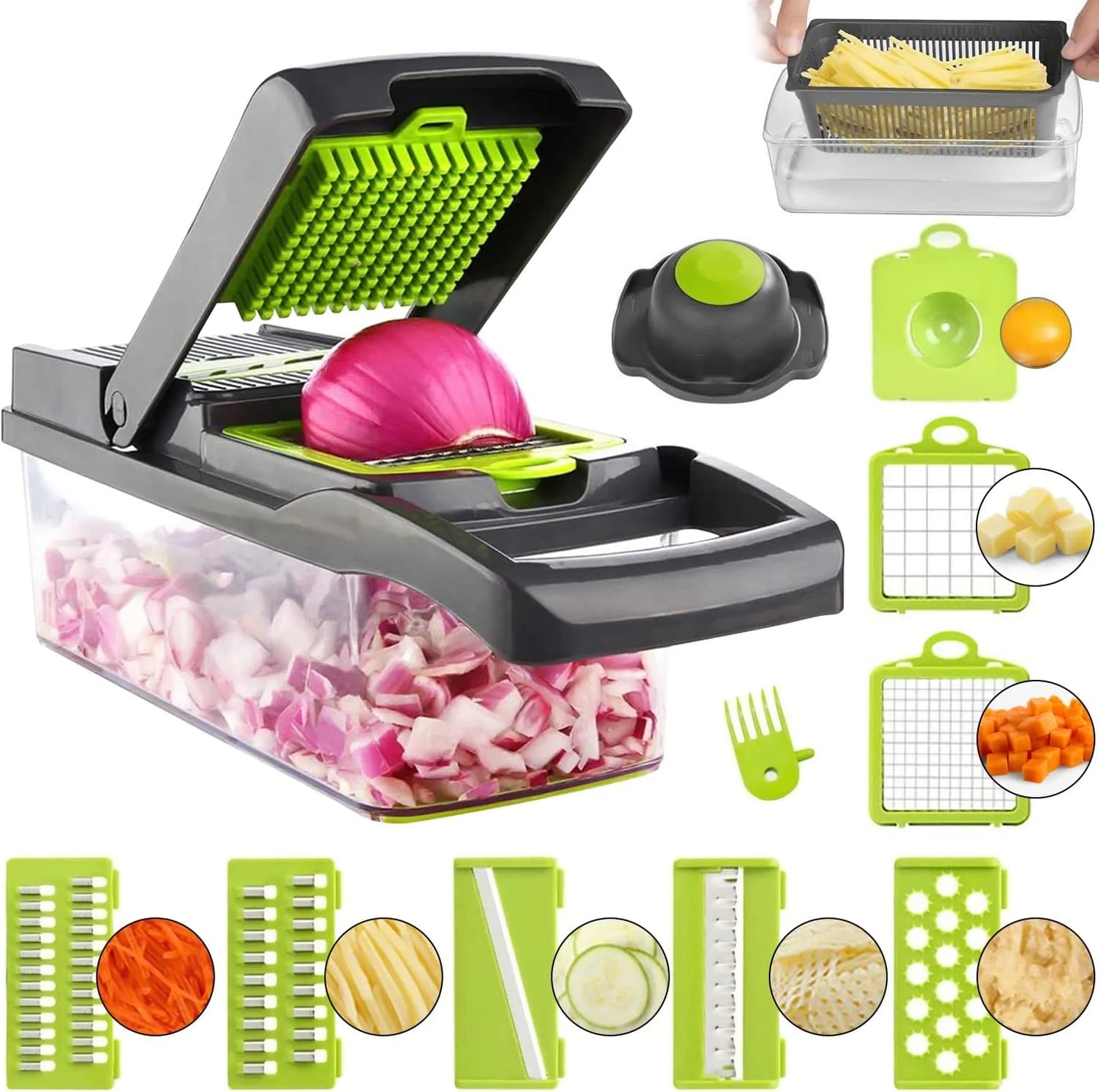 Cortador de verduras profesional, mandolina de cocina multifunción 12 en 1, 7 cuchillas de acero inoxidable reemplazables, para cortar alimentos, frutas, verduras, patatas, cebollas, ✅ Envíos a España en 48/72 horas