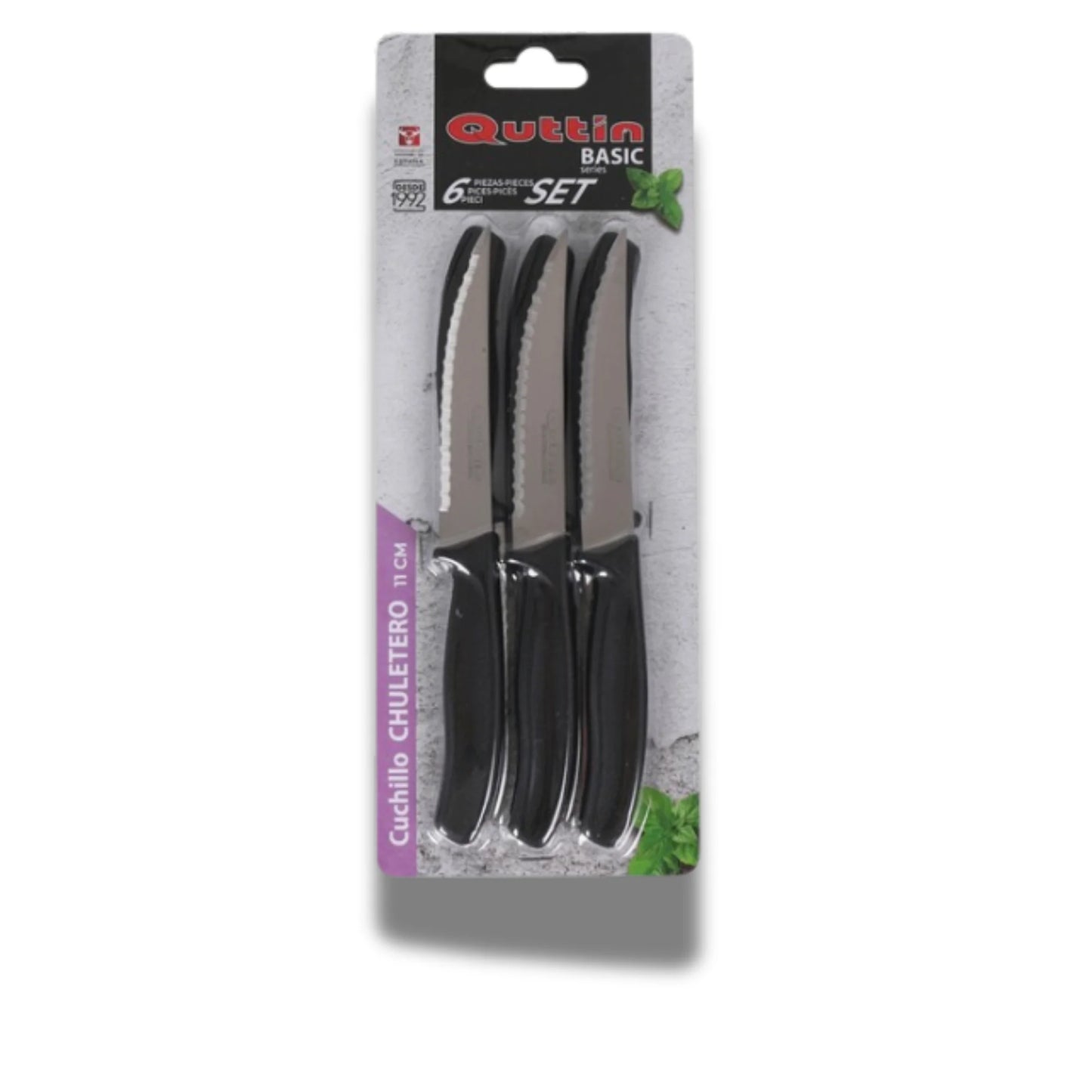 Quttin - juego de 6 cuchillos sierra practic 11cm – corte preciso y duradero - cuchillo chuletero