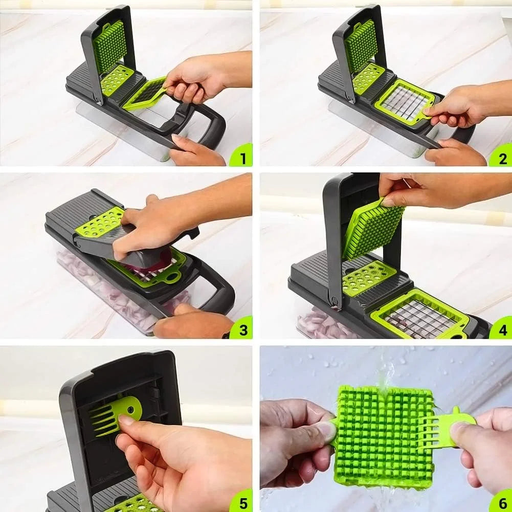 Cortador de verduras profesional, mandolina de cocina multifunción 12 en 1, 7 cuchillas de acero inoxidable reemplazables, para cortar alimentos, frutas, verduras, patatas, cebollas, ✅ Envíos a España en 48/72 horas