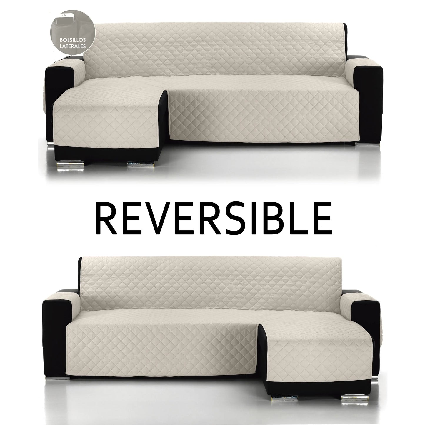 Nueva Funda de Sofá Chaise Longue ALMERITEX 2000 — Protector Reversible Acolchado 100% Poliéster, Fácil de Limpiar, Apta para Sofás de hasta 300 cm de Ancho, Perfecta para Protección de Mascotas y Decoración con Diseño Moderno.