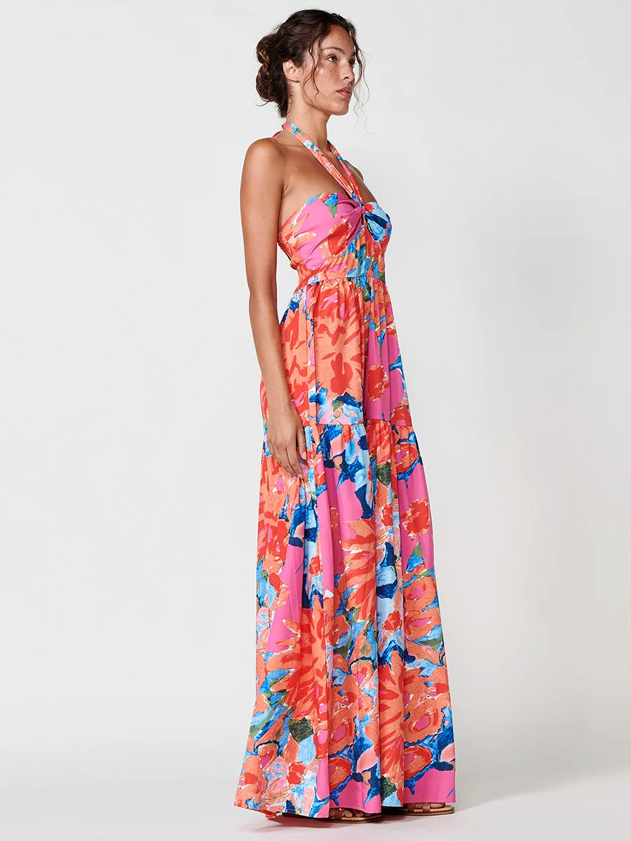 Vestido Largo con Estampado Floral y Cuello Halter de Koröshi para Mujer, con tejido ligero 100% poliéster, espalda abierta fruncida y elegante estilo bohemio, perfecto para eventos de verano y fiestas.