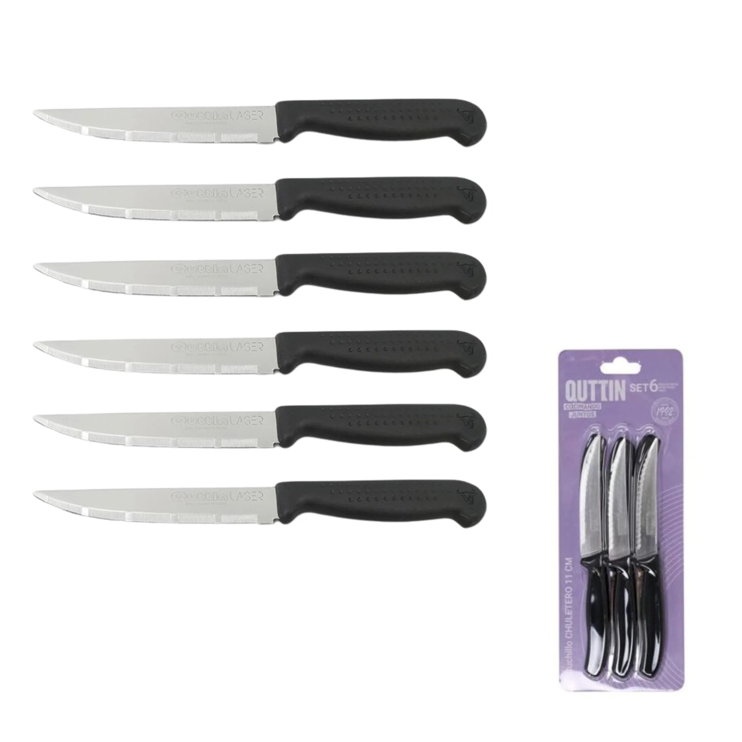 Quttin - juego de 6 cuchillos sierra practic 11cm – corte preciso y duradero - cuchillo chuletero