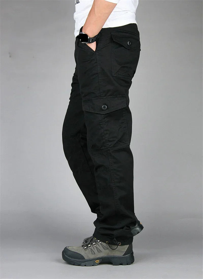 Men's Hiking and Camping Cargo Pants, Cotton, Loose Bib with Multiple Pockets, Straight Leg Pants, Casual Outdoor, Military Style