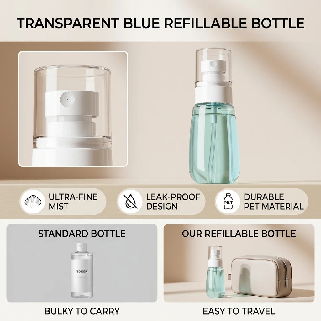 Frasco Pulverizador de Viaje Portátil 60ml — Niebla Fina, Azul Transparente, Recargable para Esenciales de Cuidado de la Piel, Nano Niebla, Hermético
