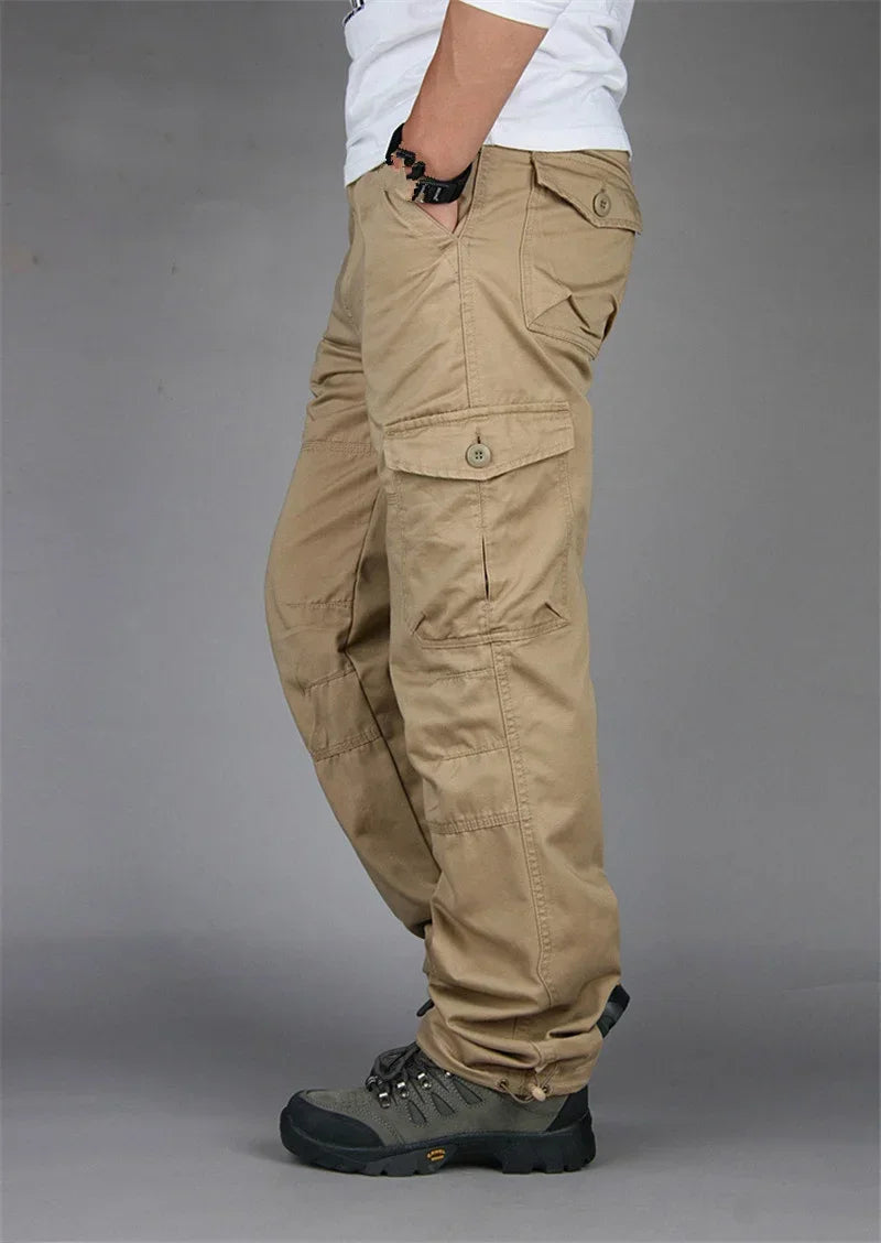 Men's Hiking and Camping Cargo Pants, Cotton, Loose Bib with Multiple Pockets, Straight Leg Pants, Casual Outdoor, Military Style