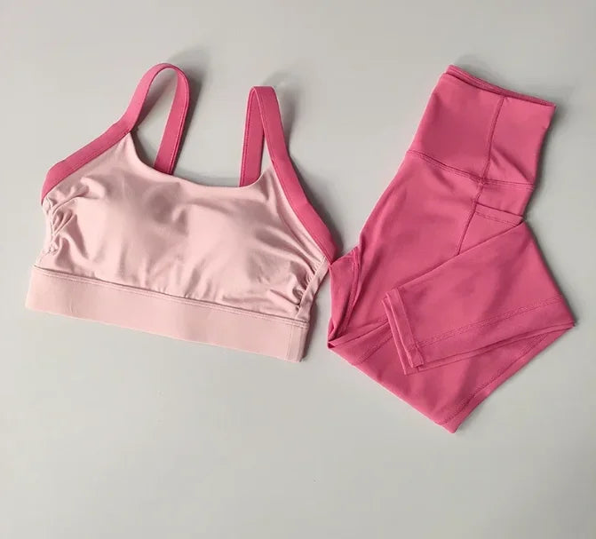 NUOYING Conjunto de Yoga 2 Piezas con Bloques de Color de Alta Intensidad, Sujetador Deportivo con Espalda Cruzada y Mallas de Cintura Alta con Efecto Levantamiento para Entrenamiento Diario