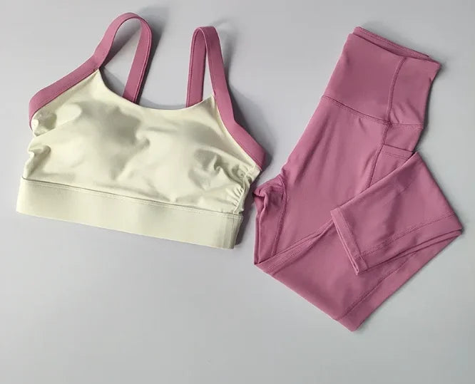 NUOYING Conjunto de Yoga 2 Piezas con Bloques de Color de Alta Intensidad, Sujetador Deportivo con Espalda Cruzada y Mallas de Cintura Alta con Efecto Levantamiento para Entrenamiento Diario