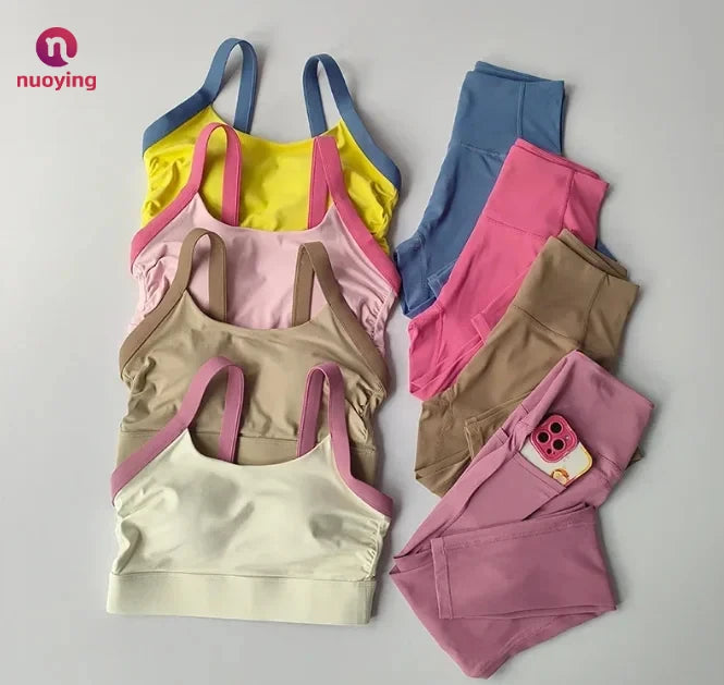 NUOYING Conjunto de Yoga 2 Piezas con Bloques de Color de Alta Intensidad, Sujetador Deportivo con Espalda Cruzada y Mallas de Cintura Alta con Efecto Levantamiento para Entrenamiento Diario