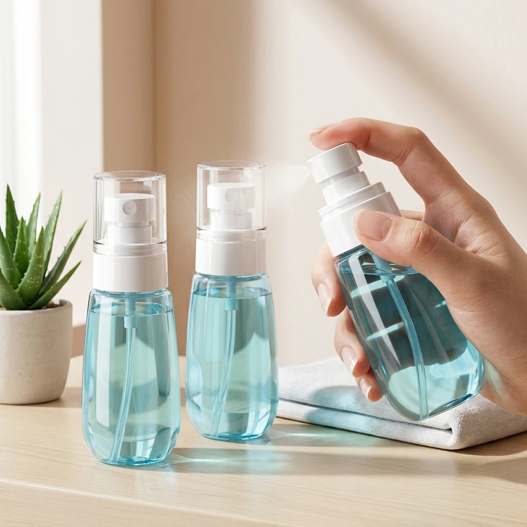 Frasco Pulverizador de Viaje Portátil 60ml — Niebla Fina, Azul Transparente, Recargable para Esenciales de Cuidado de la Piel, Nano Niebla, Hermético