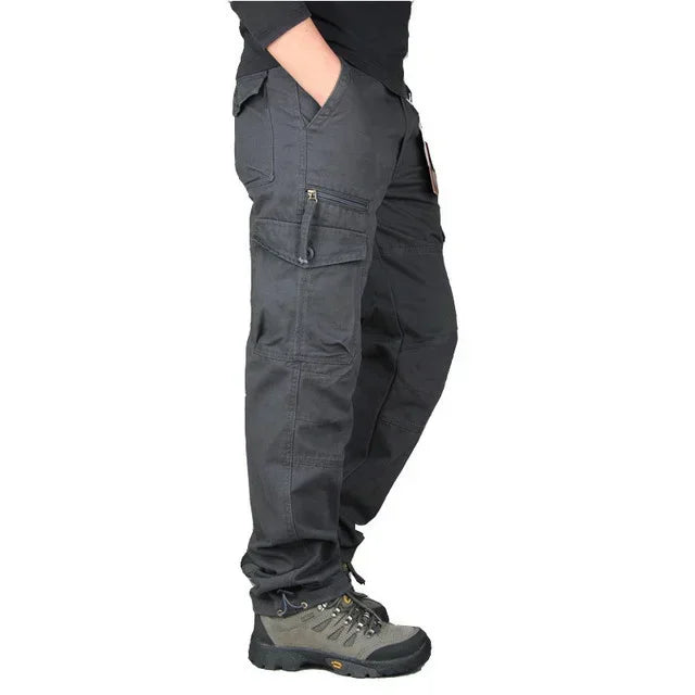 Men's Hiking and Camping Cargo Pants, Cotton, Loose Bib with Multiple Pockets, Straight Leg Pants, Casual Outdoor, Military Style