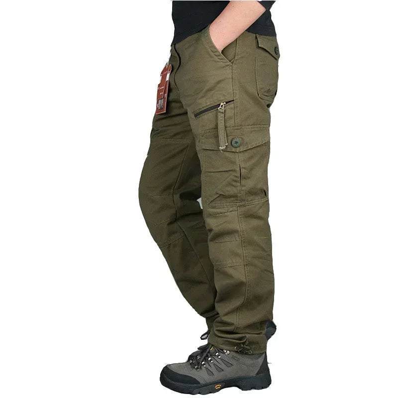Men's Hiking and Camping Cargo Pants, Cotton, Loose Bib with Multiple Pockets, Straight Leg Pants, Casual Outdoor, Military Style