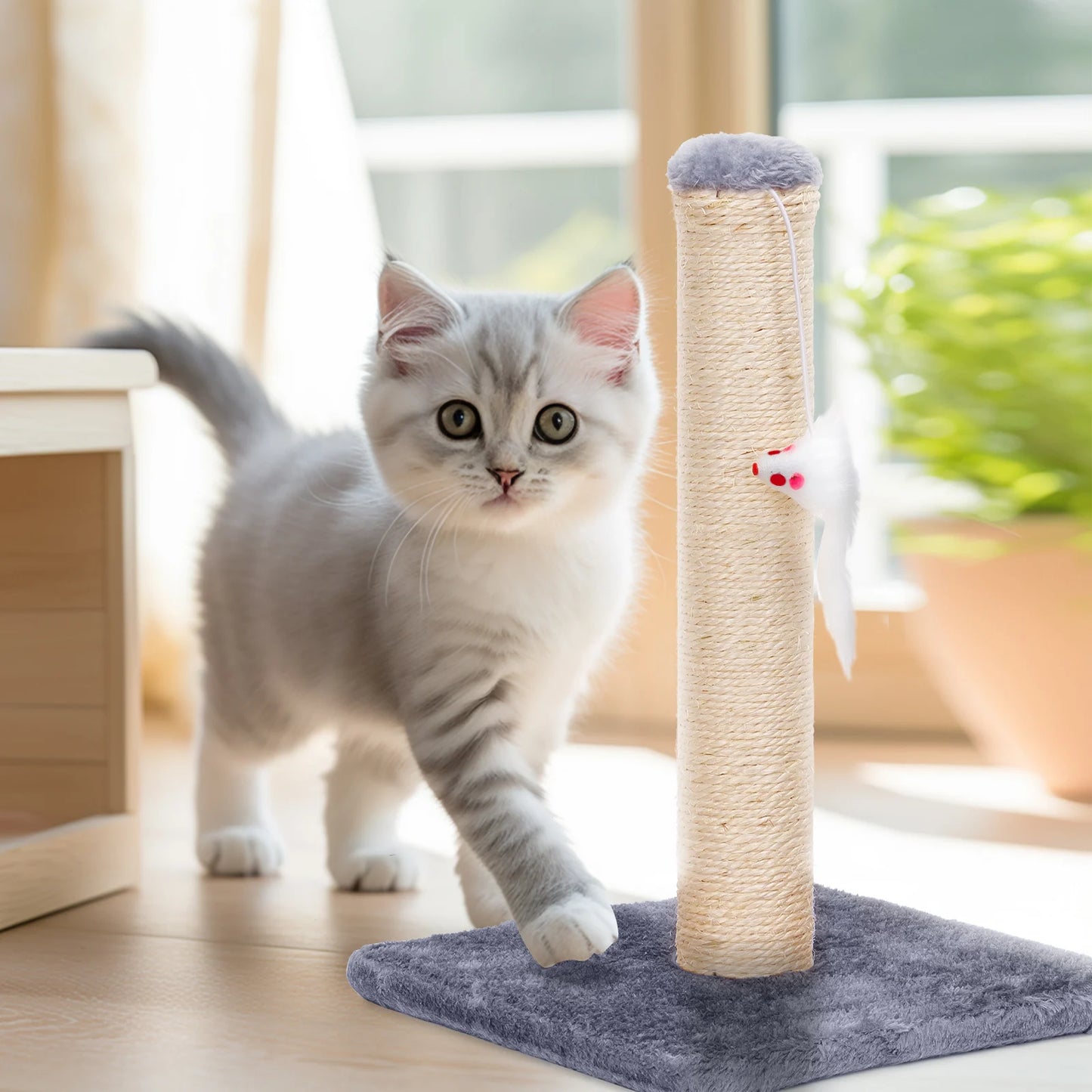 Árbol rascador para gatos Nobleza Natural de sisal, poste rascador de sisal con juguete, pequeño, color gris. 25 × 25 × 35 cm