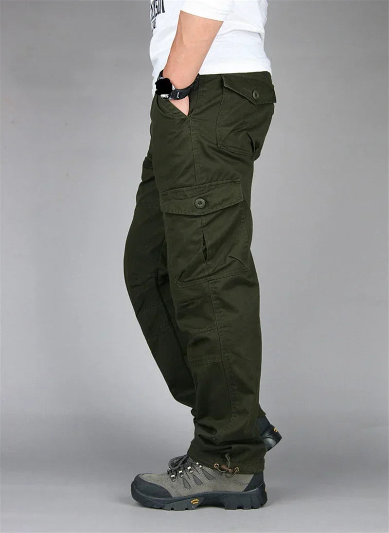 Men's Hiking and Camping Cargo Pants, Cotton, Loose Bib with Multiple Pockets, Straight Leg Pants, Casual Outdoor, Military Style