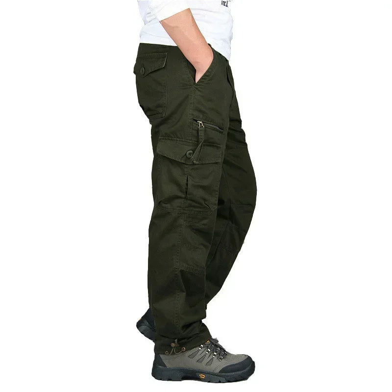 Men's Hiking and Camping Cargo Pants, Cotton, Loose Bib with Multiple Pockets, Straight Leg Pants, Casual Outdoor, Military Style