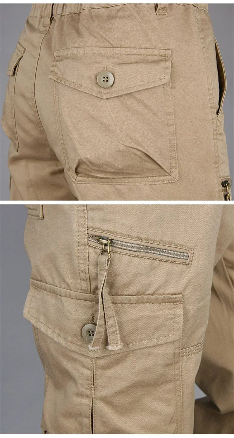 Men's Hiking and Camping Cargo Pants, Cotton, Loose Bib with Multiple Pockets, Straight Leg Pants, Casual Outdoor, Military Style
