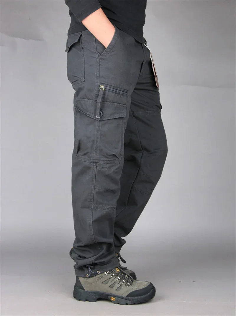 Men's Hiking and Camping Cargo Pants, Cotton, Loose Bib with Multiple Pockets, Straight Leg Pants, Casual Outdoor, Military Style