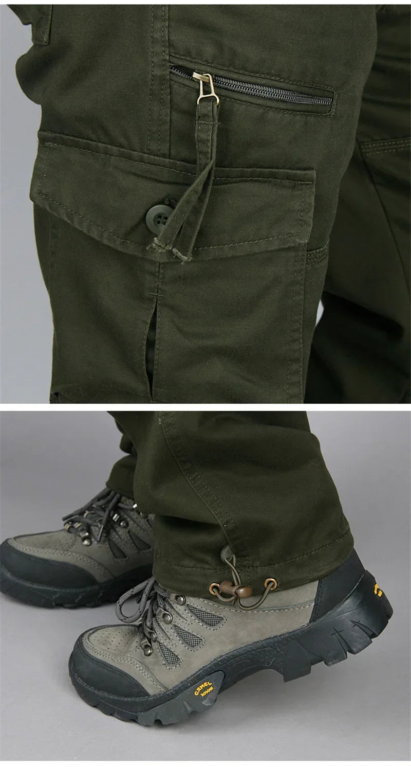 Men's Hiking and Camping Cargo Pants, Cotton, Loose Bib with Multiple Pockets, Straight Leg Pants, Casual Outdoor, Military Style