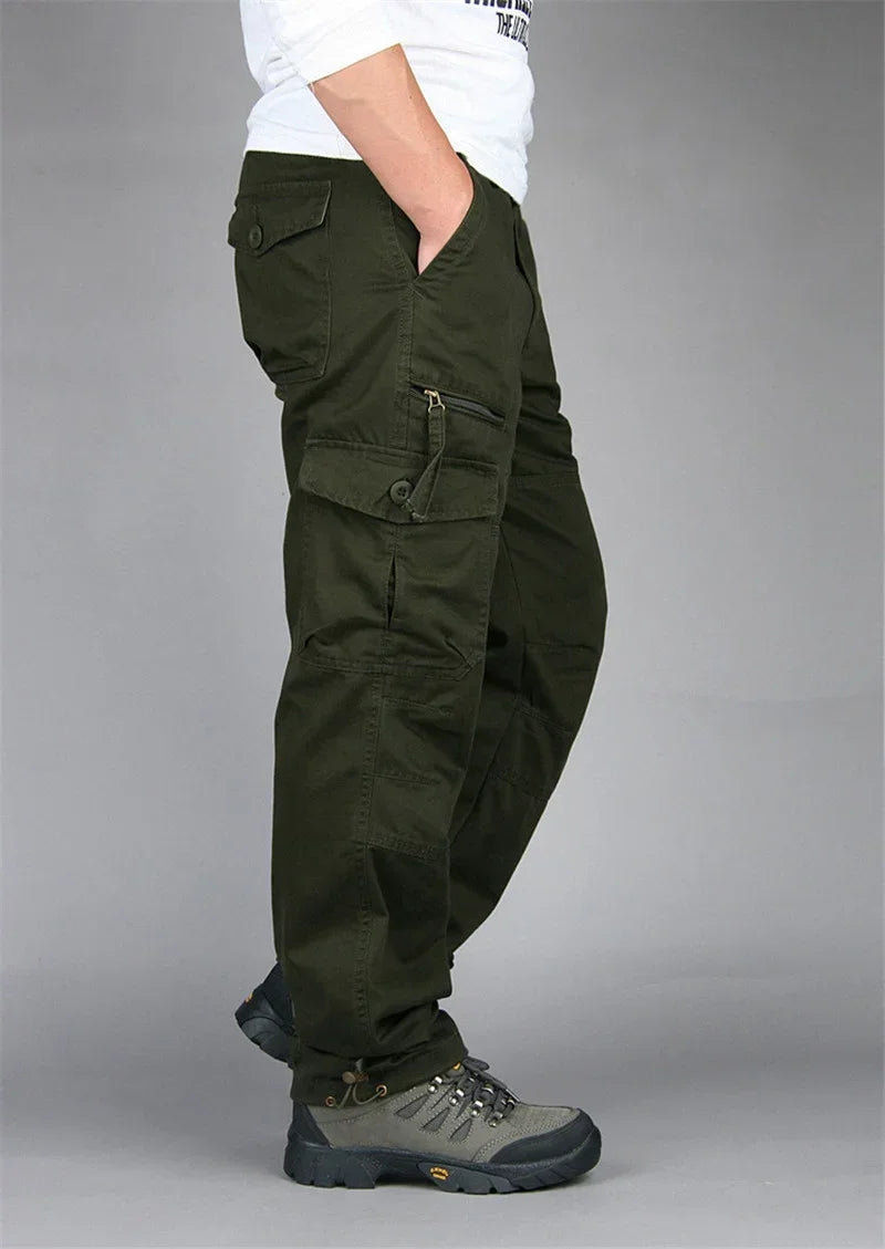Men's Hiking and Camping Cargo Pants, Cotton, Loose Bib with Multiple Pockets, Straight Leg Pants, Casual Outdoor, Military Style
