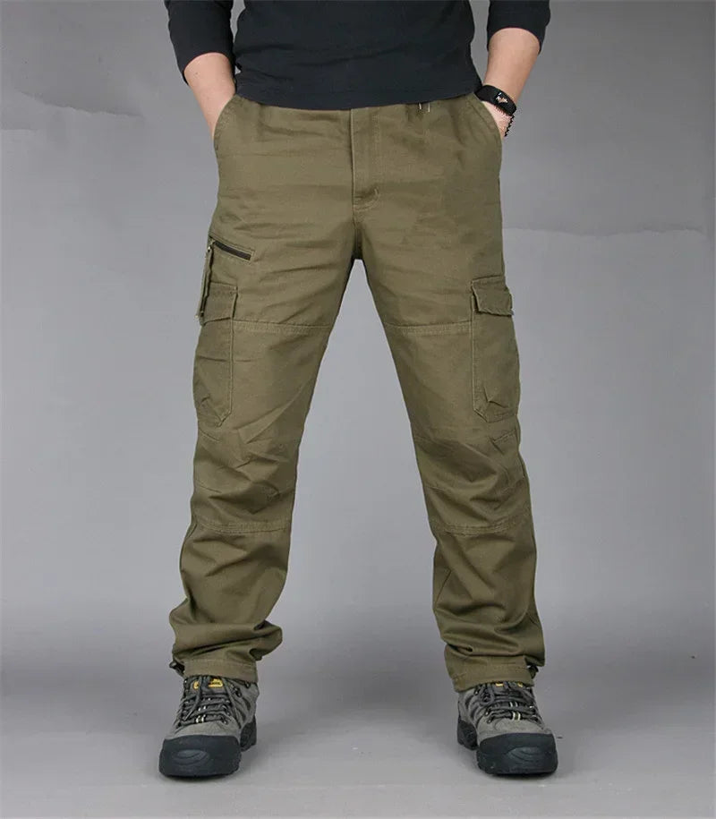 Men's Hiking and Camping Cargo Pants, Cotton, Loose Bib with Multiple Pockets, Straight Leg Pants, Casual Outdoor, Military Style